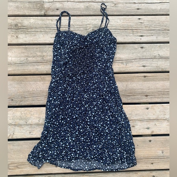 Garage Navy Blue Floral Smocked Mini Dress - Size Small - Picture 2 of 6